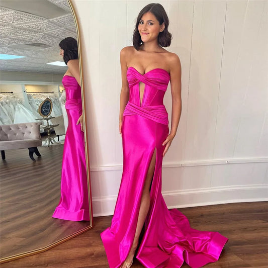 Sexy Satin Prom Dress Mermaid Strapless High Slit Floor Length Sweep Floor Evening Dress vestido de gala Fuchsia