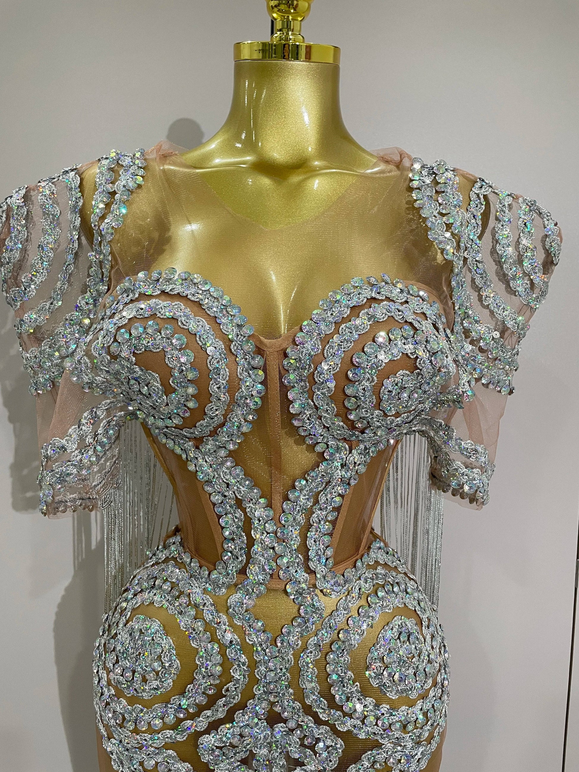 Sparkly Rhinestones Sequins Sexy Mesh Tassels Cape Short Dress Women Evening Birthday Party Nightclub Stage Costume