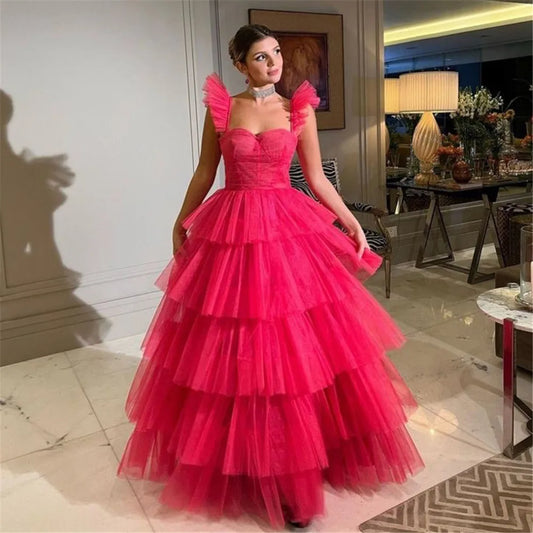 Modern Red Soft Tulle Prom Dress Cap Sleeves Tiered Pleat Ruched Floor Length Gown Homecoming Dresses Graduation Party Red