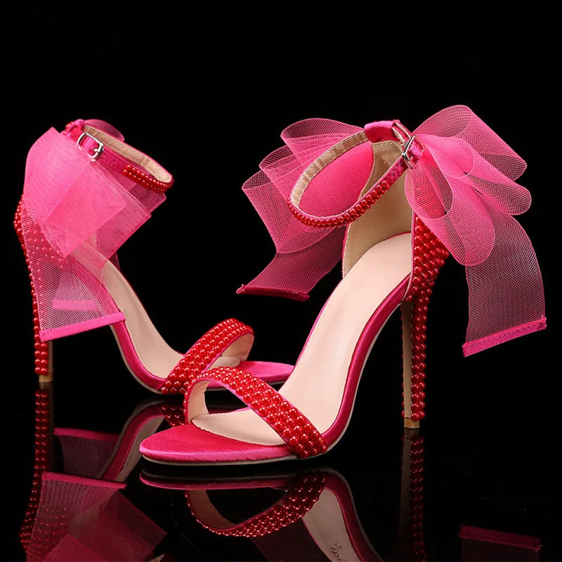 Summer New brand Fashion Bowknot Beading Women Gladiator Sandals Luxury Pearls White thin High heels Wedding Bridal Party Shoes