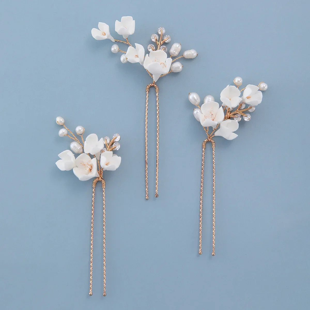 Bridal Jewelry Porcelain Flower Hair Pin Clip Freshwater Pearl Head Piece Brides Vintage Gold Color Hairpin Wedding Accessories