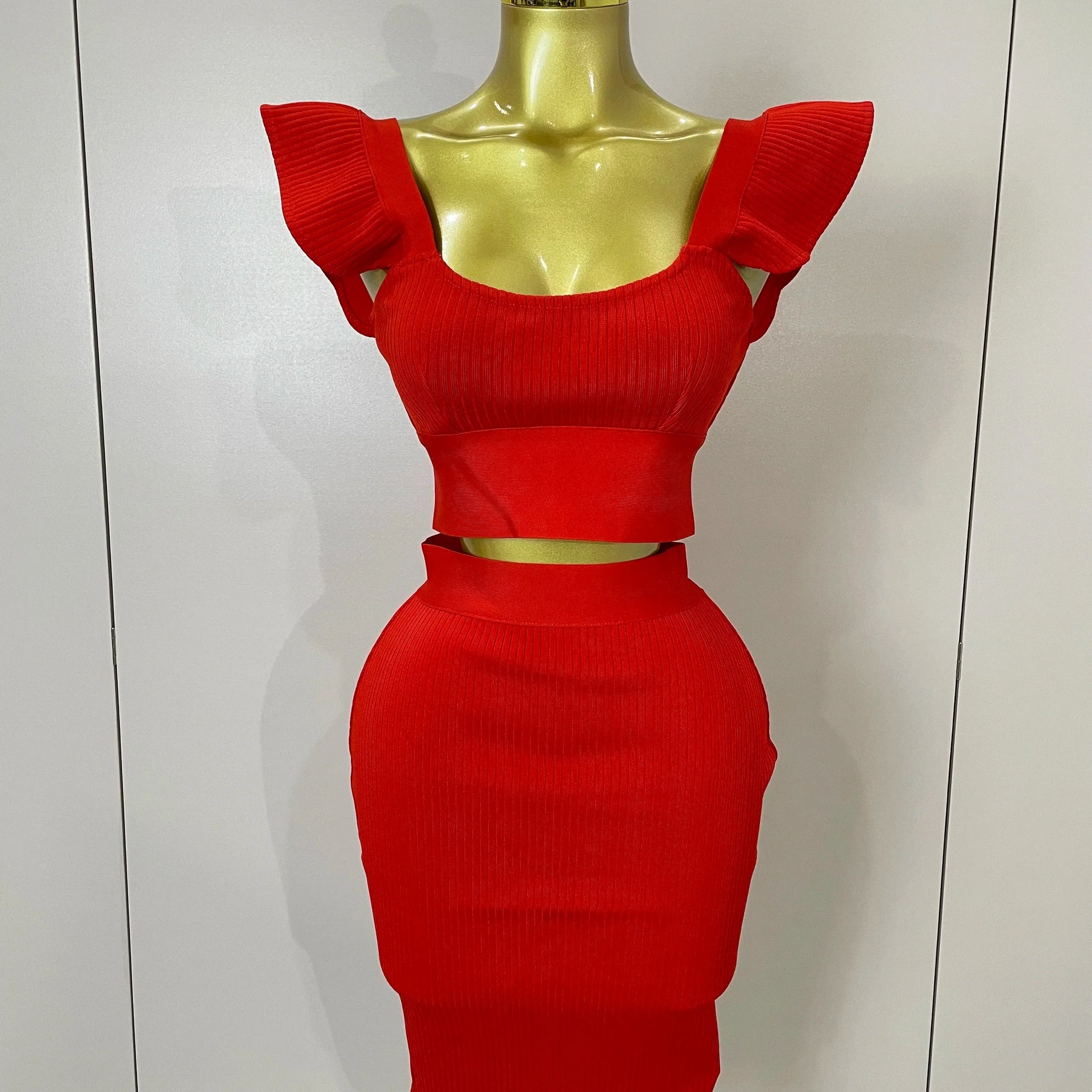 Women Sexy Backless Ruffles Red Bandage Two Pices Set Celebrity Evening Elegance Birthday Party Dress Red