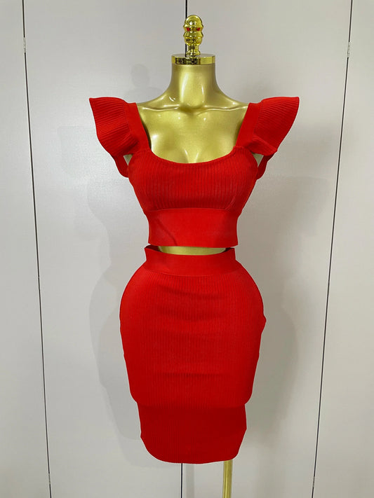 Women Sexy Backless Ruffles Red Bandage Two Pices Set Celebrity Evening Elegance Birthday Party Dress Red