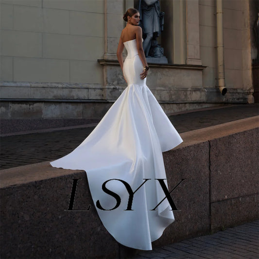 LSYX Strapless Mangas Cetim Simples Sereia Vestido de Casamento Elegante Zíper Voltar Tribunal Trem Vestido de Noiva Feito Sob Encomenda