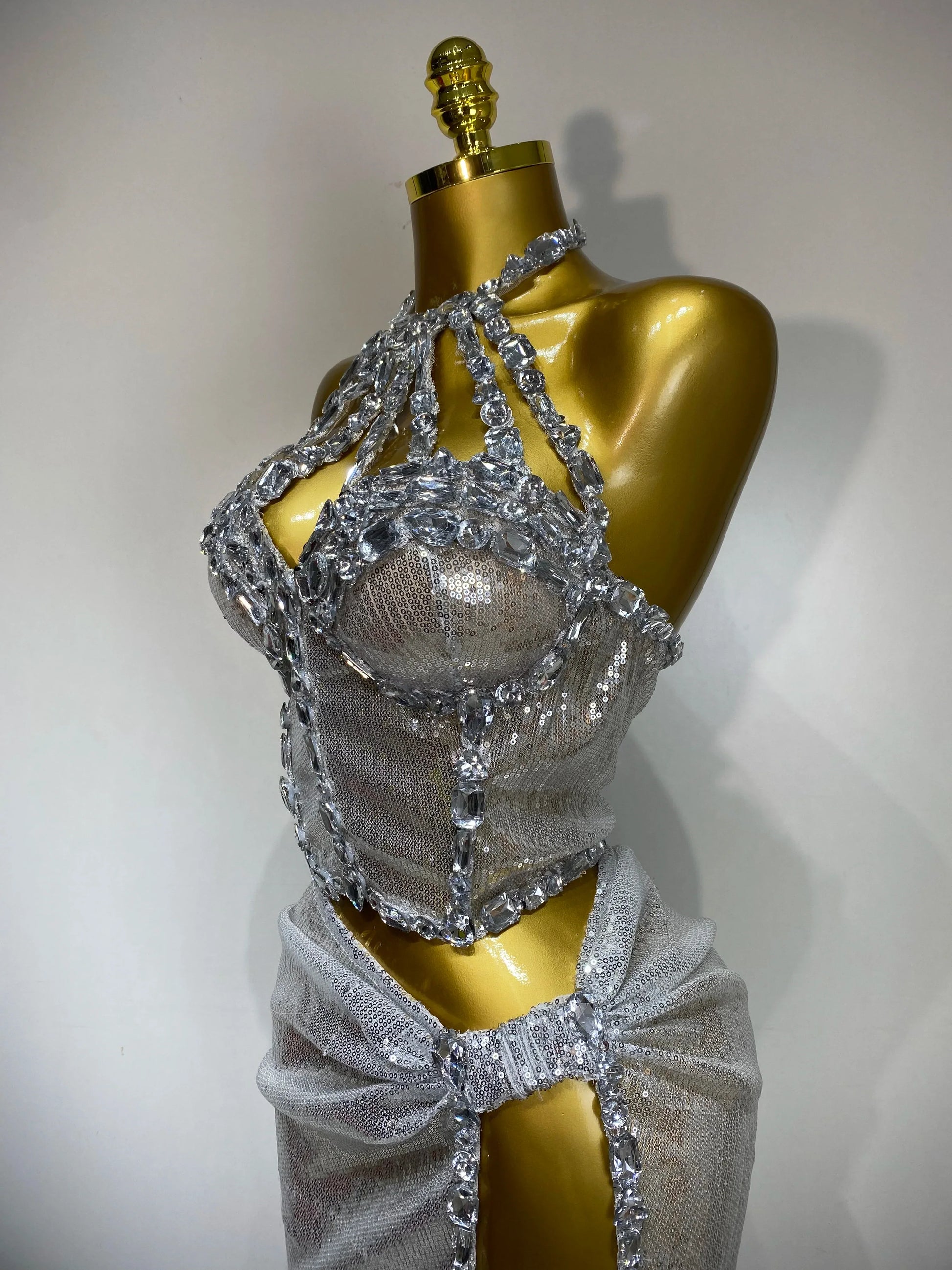 Women Sparkly Silver Rhinestones Top Long Skirt Two Pieces Set Singer Dancer Performance Costume Nightclub Stage Wear