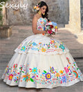 Customized Mexican Charro Quinceanera Dresses 2025 Sweetheart Ball Gown Lace Up Colorful Embroidery Fifteen Birthday Party Dress
