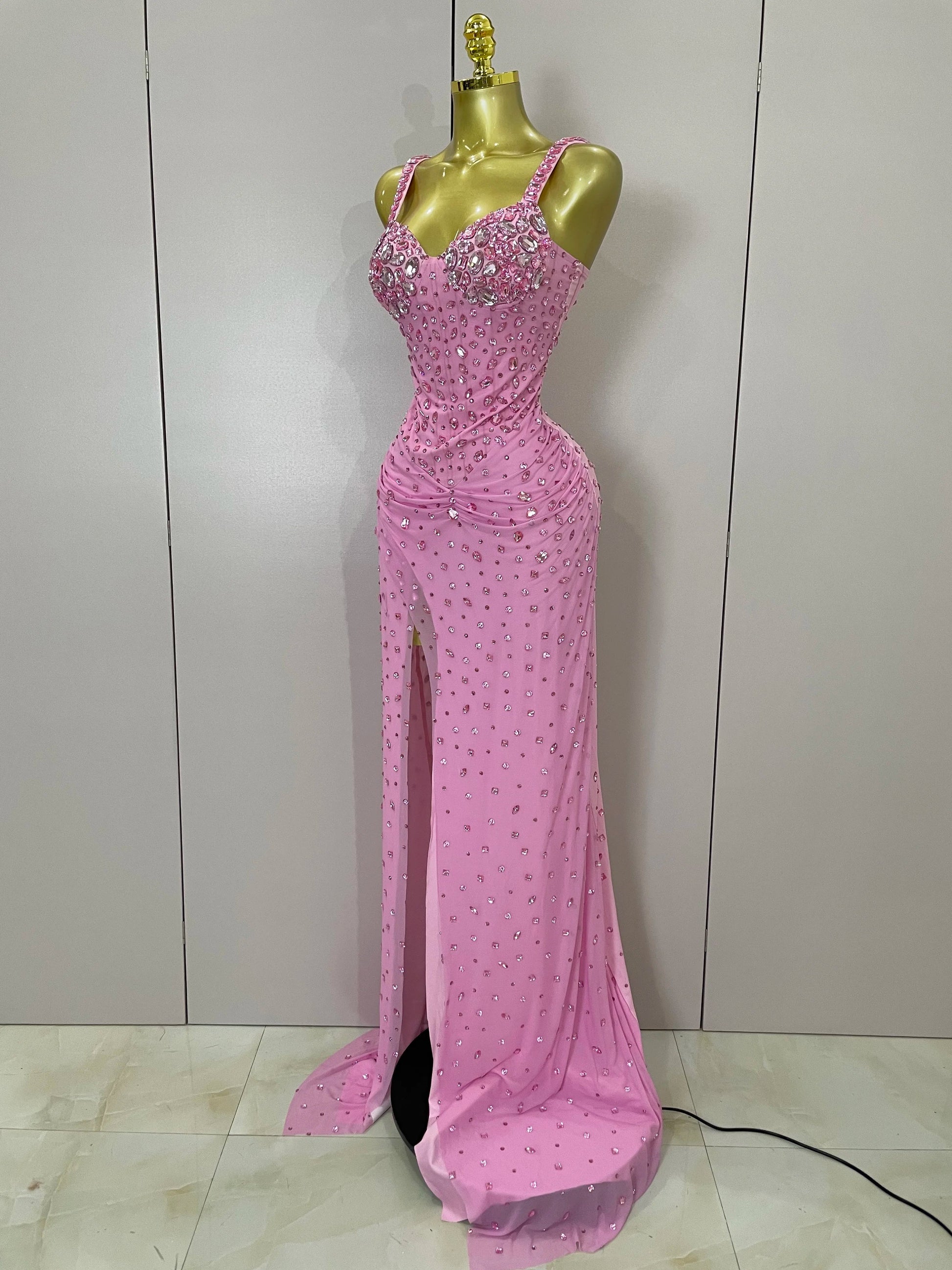 Luxury Pink Rhinestones Split Floor Length Dress Women Sexy Evening Celebrate Birthday Party Dress Photoshoot Stage Wear
