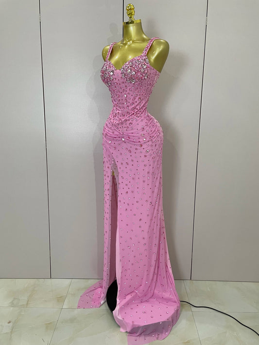 Luxury Pink Rhinestones Split Floor Length Dress Women Sexy Evening Celebrate Birthday Party Dress Photoshoot Stage Wear