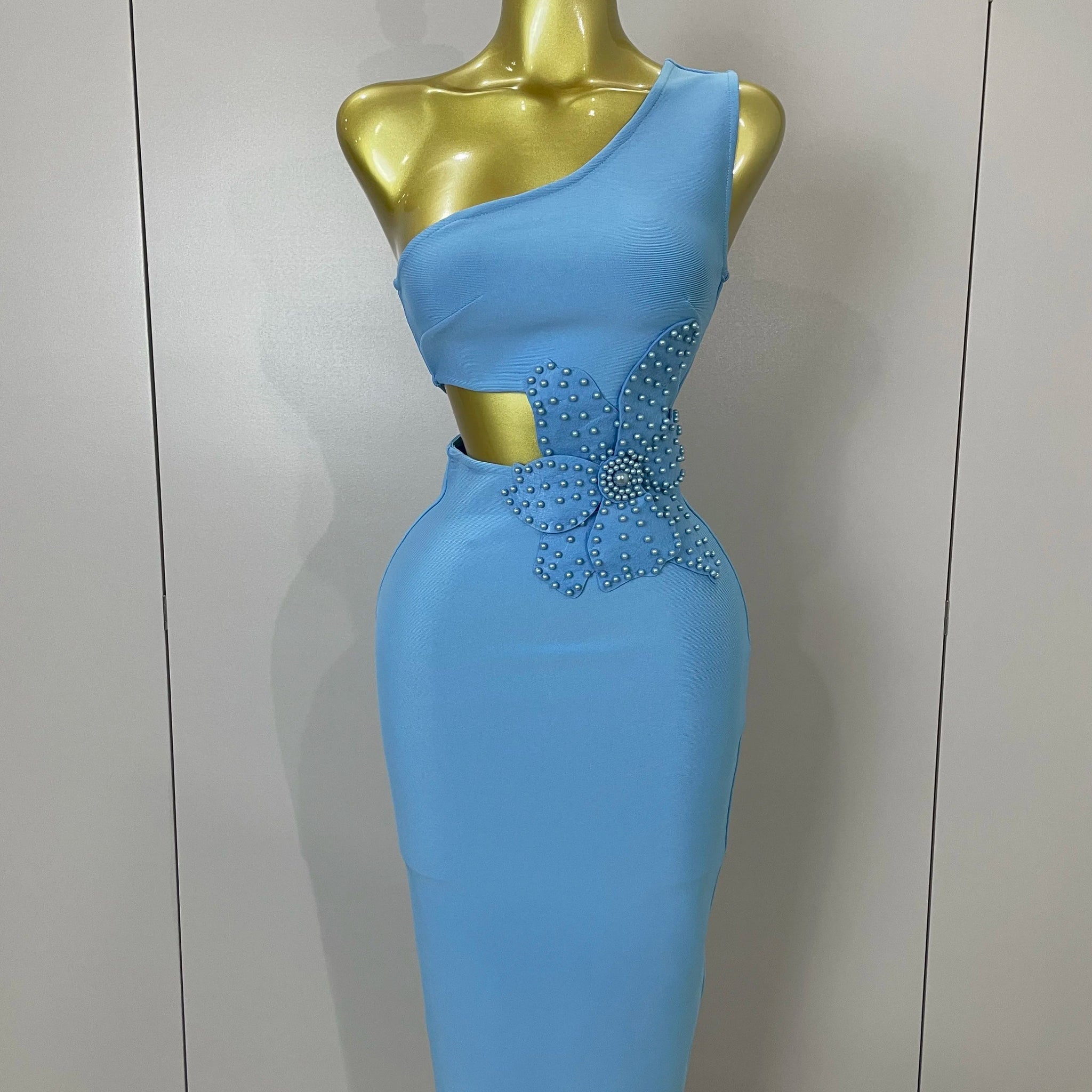 Luxury Sexy One Shoulder Pearl Sky Blue Bodycon Bandage Dress Women Celebrity Elegant Evening Club Birthday Party Outfit SKY BLUE