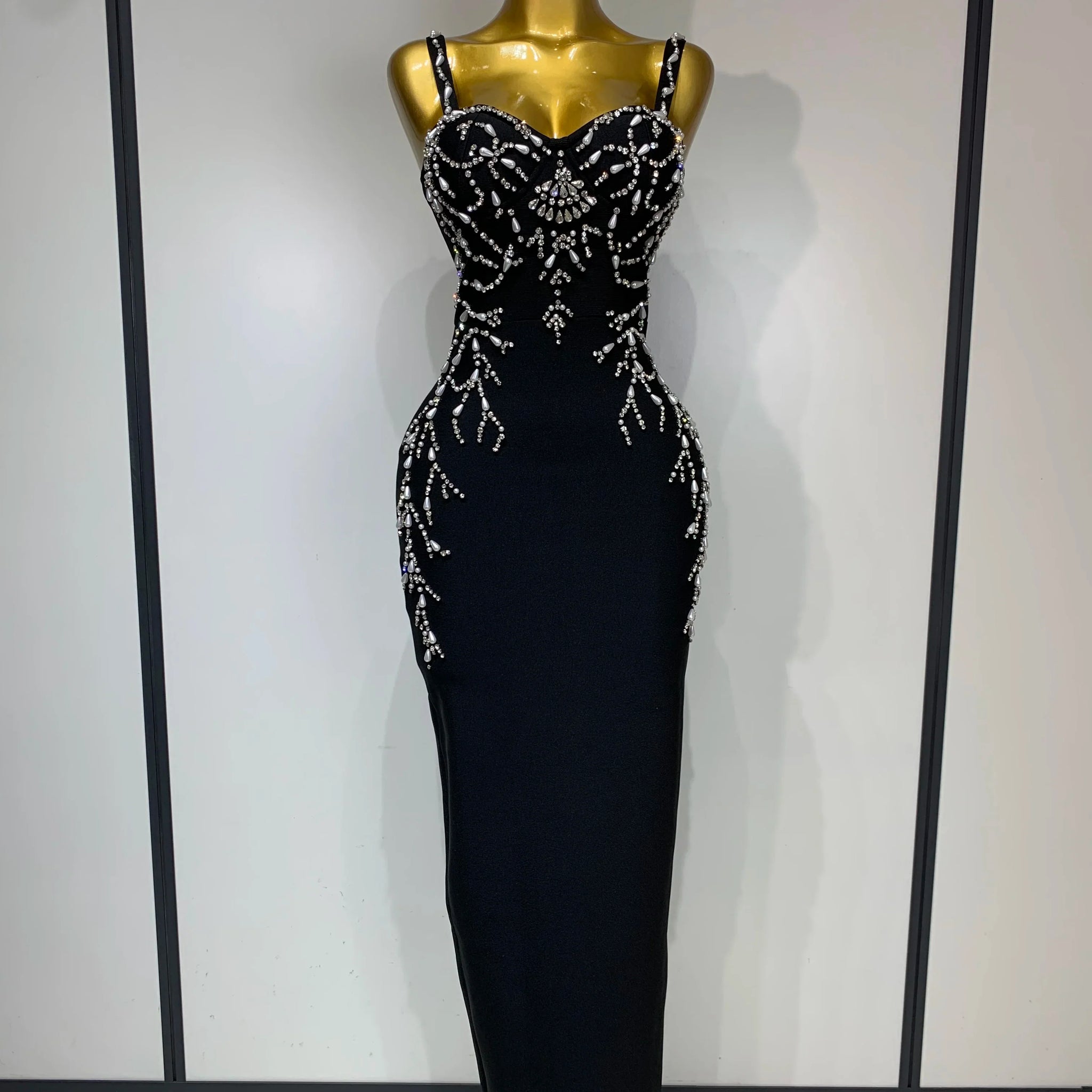 Women Sexy V Neck Black Beading Maxi Long Bodycon Bandage Dress Celebrity Elegant Evening Club Party Luxury Birthday Dress black