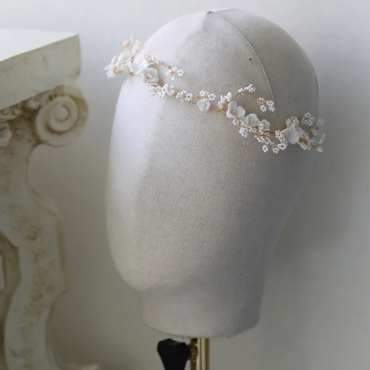 Porcelain Flower Headband Hairband Gold Color Headpiece For Brides Women Girl Headdress Bridal Jewelry Wedding Hair Accessories