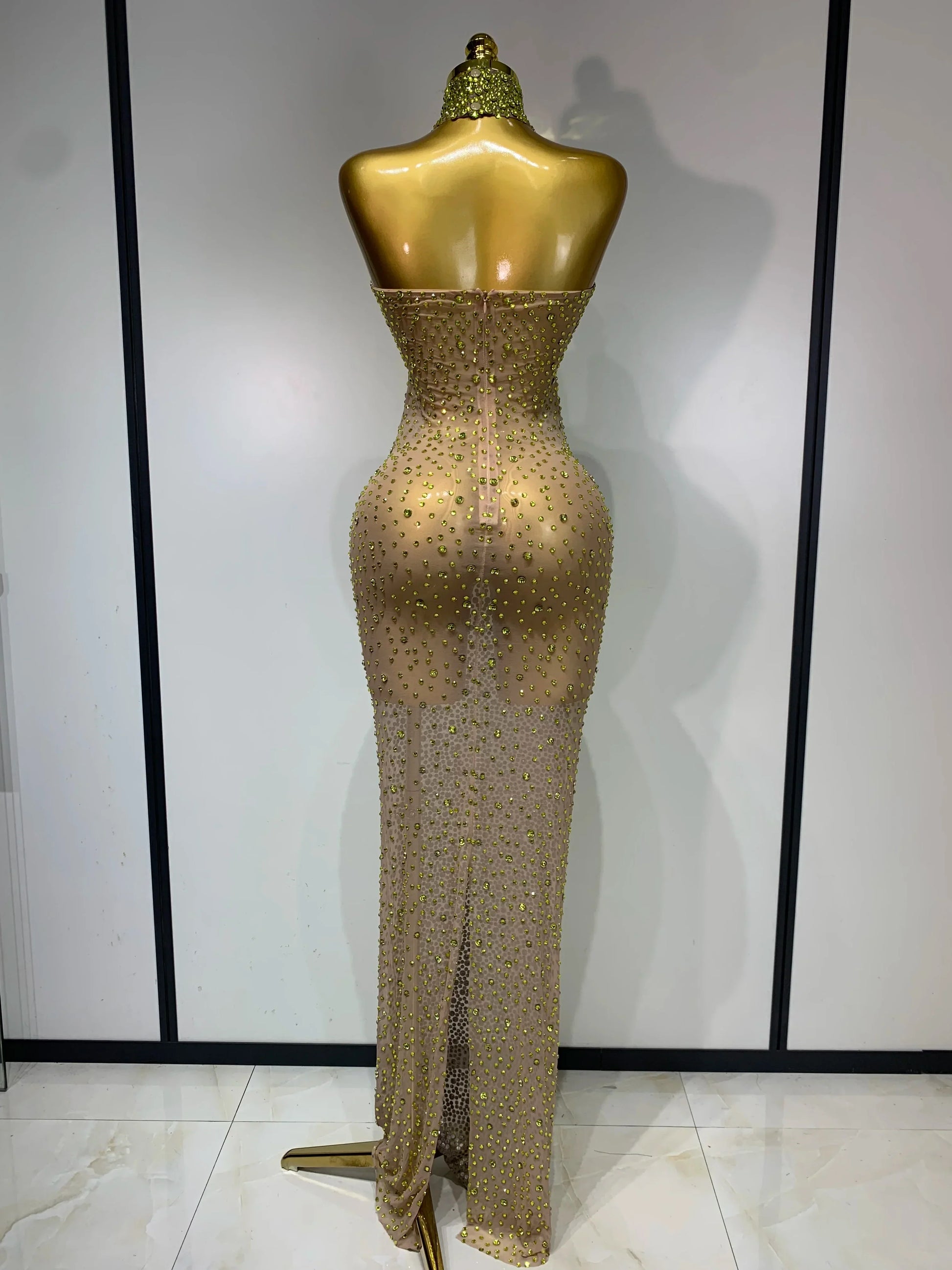 Women Luxury Birthday Celebrate Dress Dancer Party Show Stage Outfit Sparkly Rhinestone Elastic Mesh See Through Long Dress