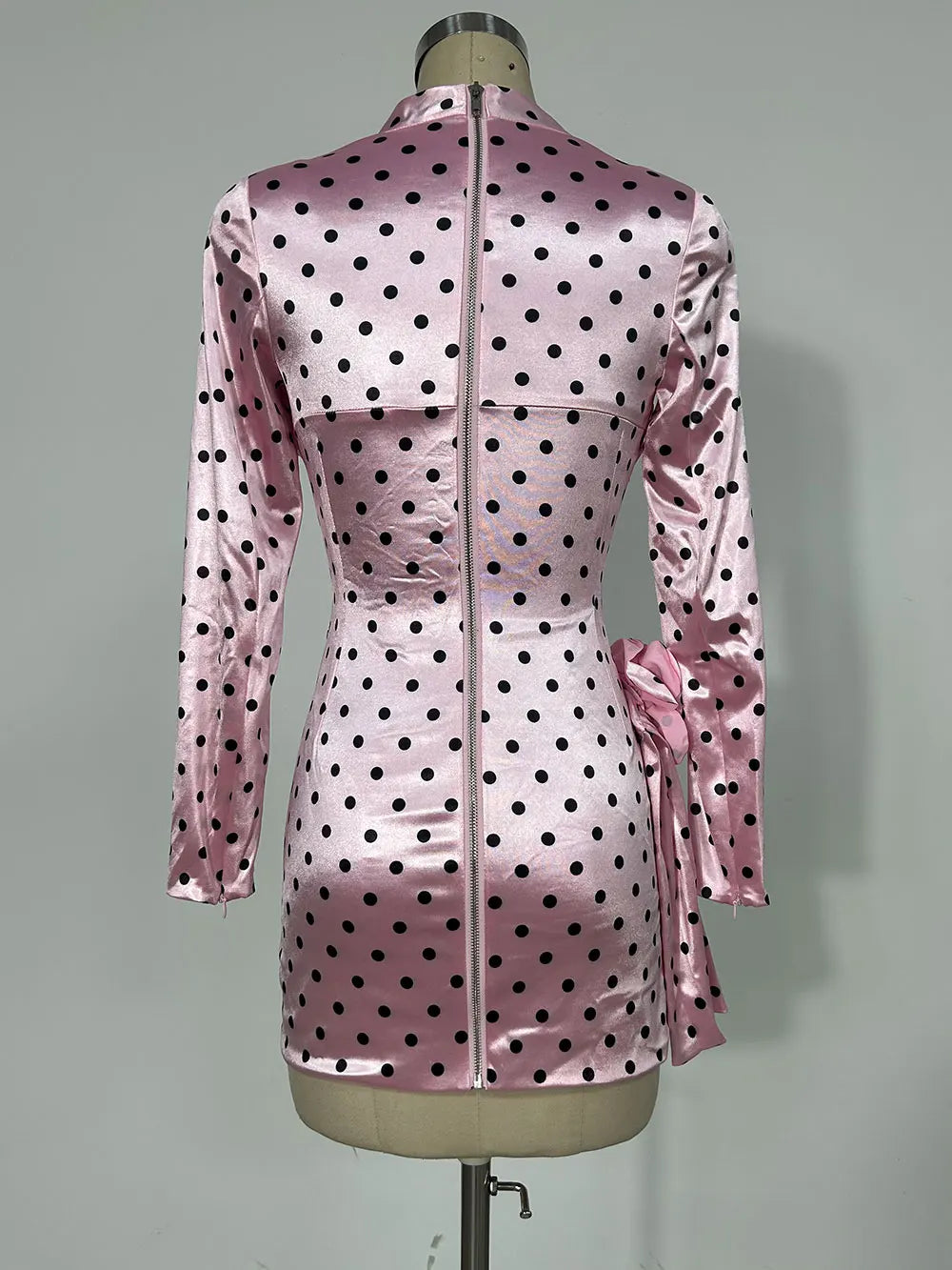 Sexy Women'S Three-Dimensional Flower Patchwork Polka Dot Dress V-Neck Long Sleeved Draped Bodycon Pink Mini Dress Vestidos
