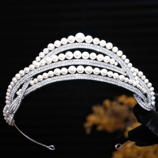 Pearl Rhinestones Crystal Crowns and Tiaras For Bride Princess Queen Headband Headpiece Wedding Accessories Bridal Hair Jewelry a