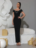 Sexy Off Shoulder Diamond Tight Bandage Maxi Long Dress Women's Short Sleeve Elegant Celebrity Evening Party Gowns