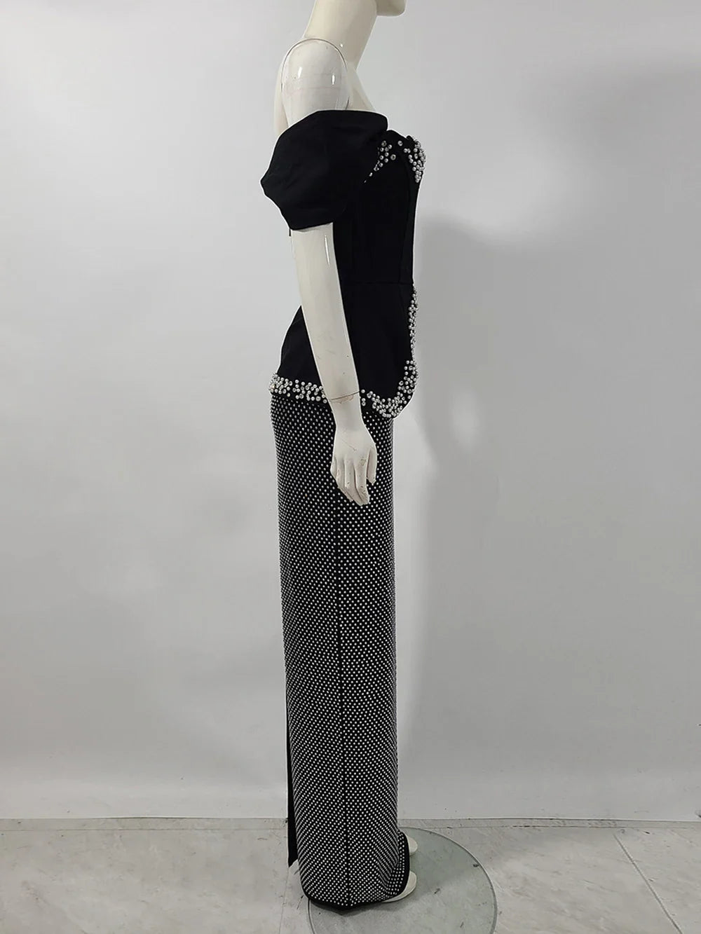 Women Sexy Off Shoulder Pearl Diamond Black Maxi Long Bandage Two Piece Set Elegant Evening Club Party Prom Gowns
