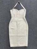Sexy Summer Coated Bandage Dress Women Neck Hanging Sleeveless Bodycon Backless Mini Dress Celebrity Evening Club Party Vestidos Silver