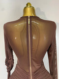 Elegant Brown Mesh Fold Long Sleeve Bodycon Dress Women Evening Party Club Sexy Perspective Fashion Luxury Birthday Dresses