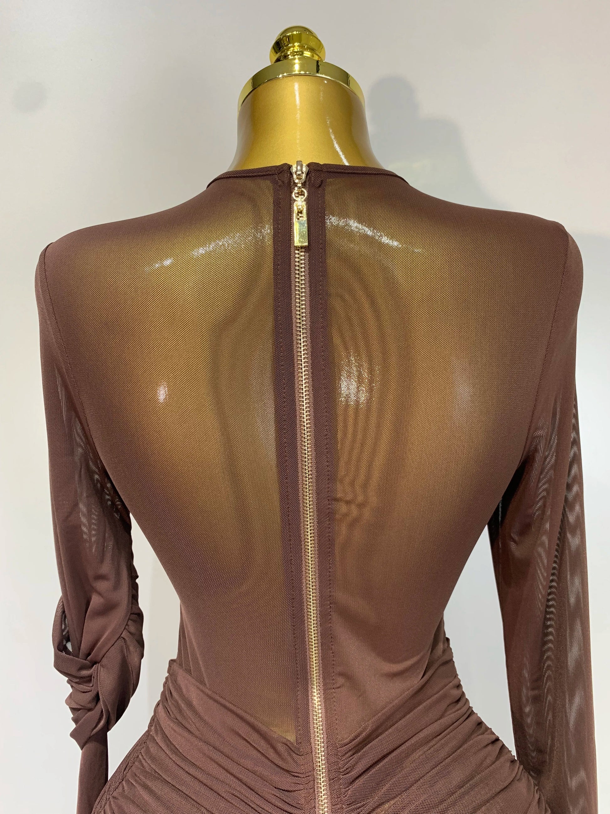 Elegant Brown Mesh Fold Long Sleeve Bodycon Dress Women Evening Party Club Sexy Perspective Fashion Luxury Birthday Dresses