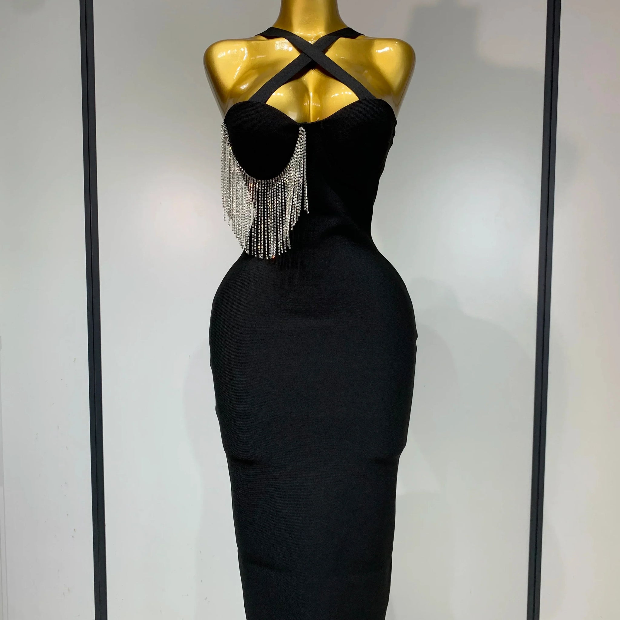 Women Sexy Diamonds Tassel Crystal Midi Black Bodycon Bandage Dress Elegant Evening Party Luxury Birthday Dresses Vestido black