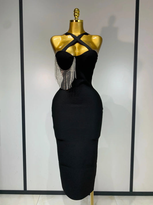 Women Sexy Diamonds Tassel Crystal Midi Black Bodycon Bandage Dress Elegant Evening Party Luxury Birthday Dresses Vestido black