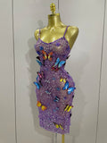 Women Celebrity Luxury Birthday Nightclub Stage Outfit Sparkly Butterfly Purple Sexy Mesh See Through Dress