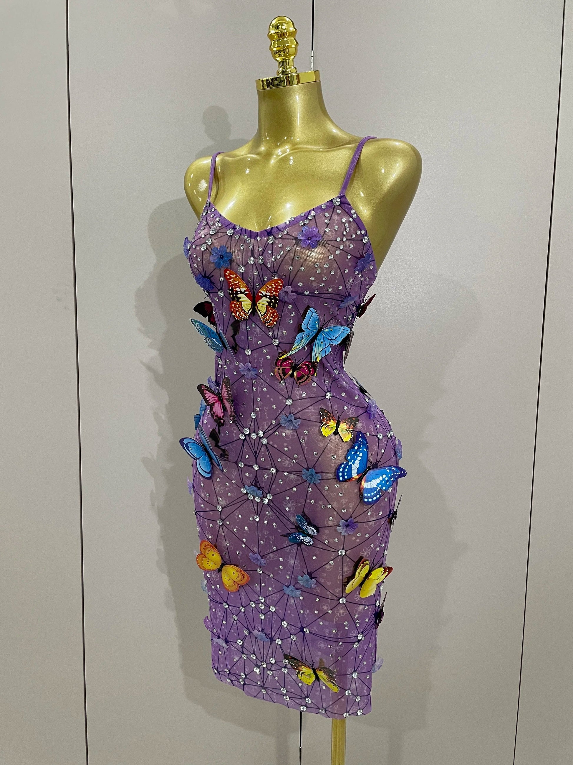 Women Celebrity Luxury Birthday Nightclub Stage Outfit Sparkly Butterfly Purple Sexy Mesh See Through Dress