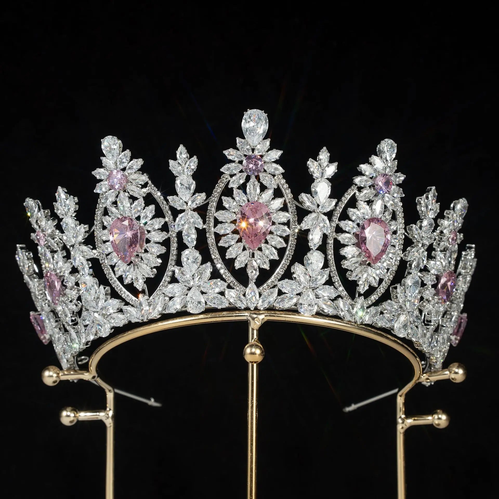 Bridal Hair Jewelry Red Zirconia Tiaras Crowns Zircon Headband Diadem Brides Women Pageant Prom Headpiece Wedding Accessories pink