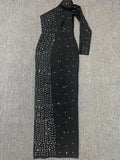 2024 Sexy Women's Light Luxury Pearl Design Bandage Dress with Diagonal Collar One Shoulder Long Sleeve Bodycon Christmas Dress black