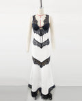 Women Sleeveless V-Neck Sexy Black Lace Bodycon Bandage Long Dress Evening Party Celebrate Birthday Outfit