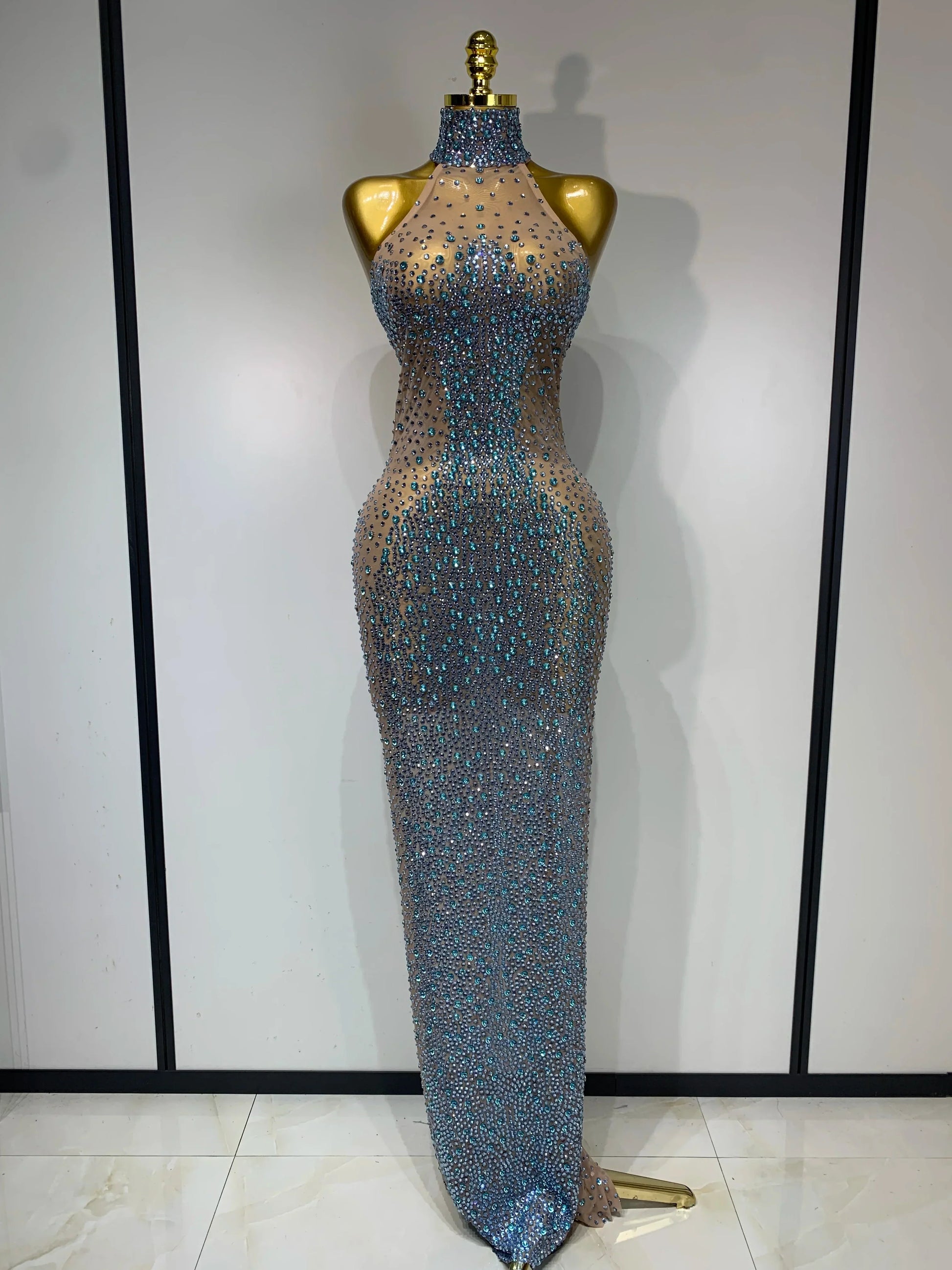 Women Luxury Birthday Celebrate Dress Dancer Party Show Stage Outfit Sparkly Rhinestone Elastic Mesh See Through Long Dress SKY BLUE