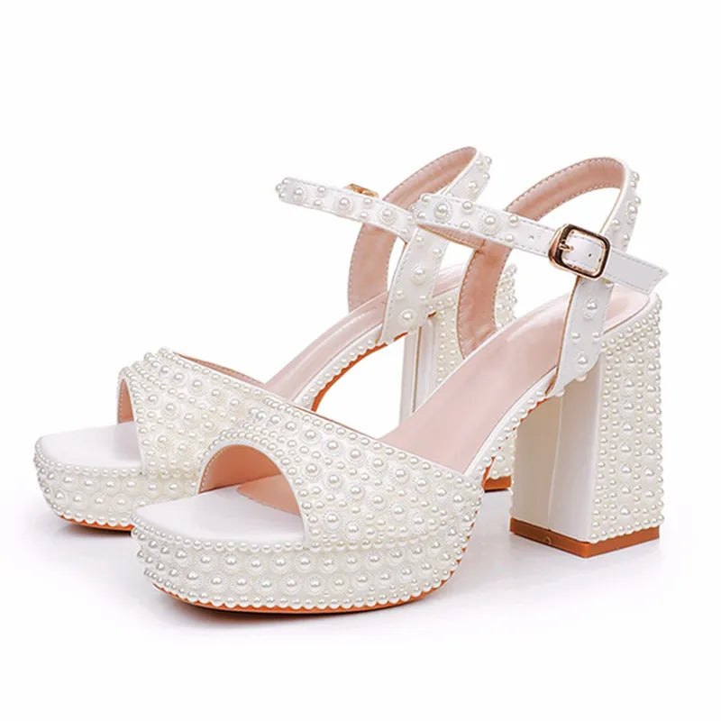 Luxury Handmade Full Pearls Thick Heeled Women Gladiator Sandals Fashion Summer Platform Wedges High heels Chunky Sandals Shoes Beige