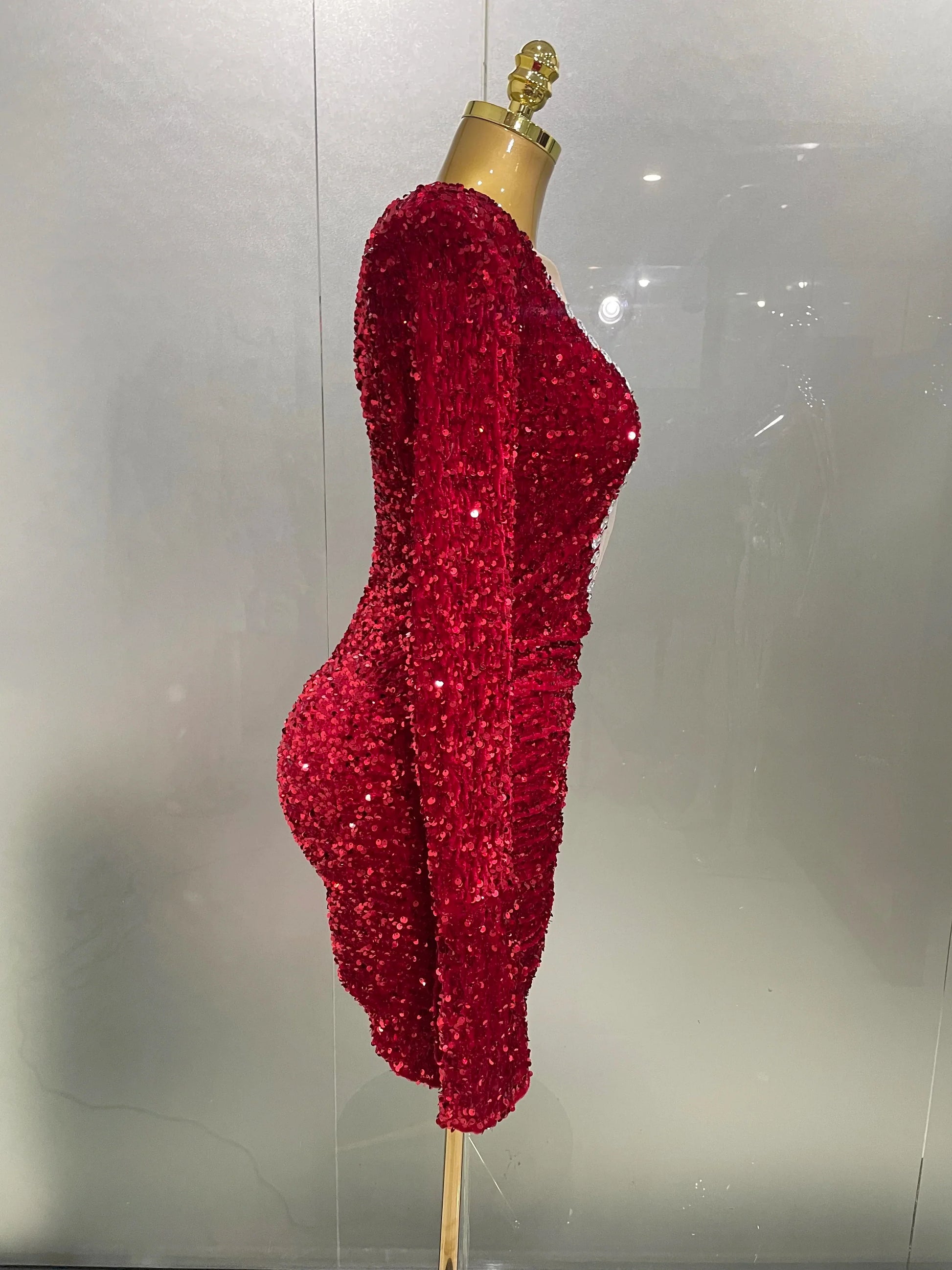 Sexy Shiny Red Sequins Rhinestones Sheath Mini Dress Women Evening Birthday Party Nightclub Stage Performance Costume