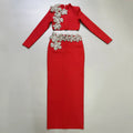 High Quality Women Long Sleeve Diamond Florals Bodycon 2 Pieces Mini Bandage Dress Celebrate Nightclub Party Birthday Dress Red