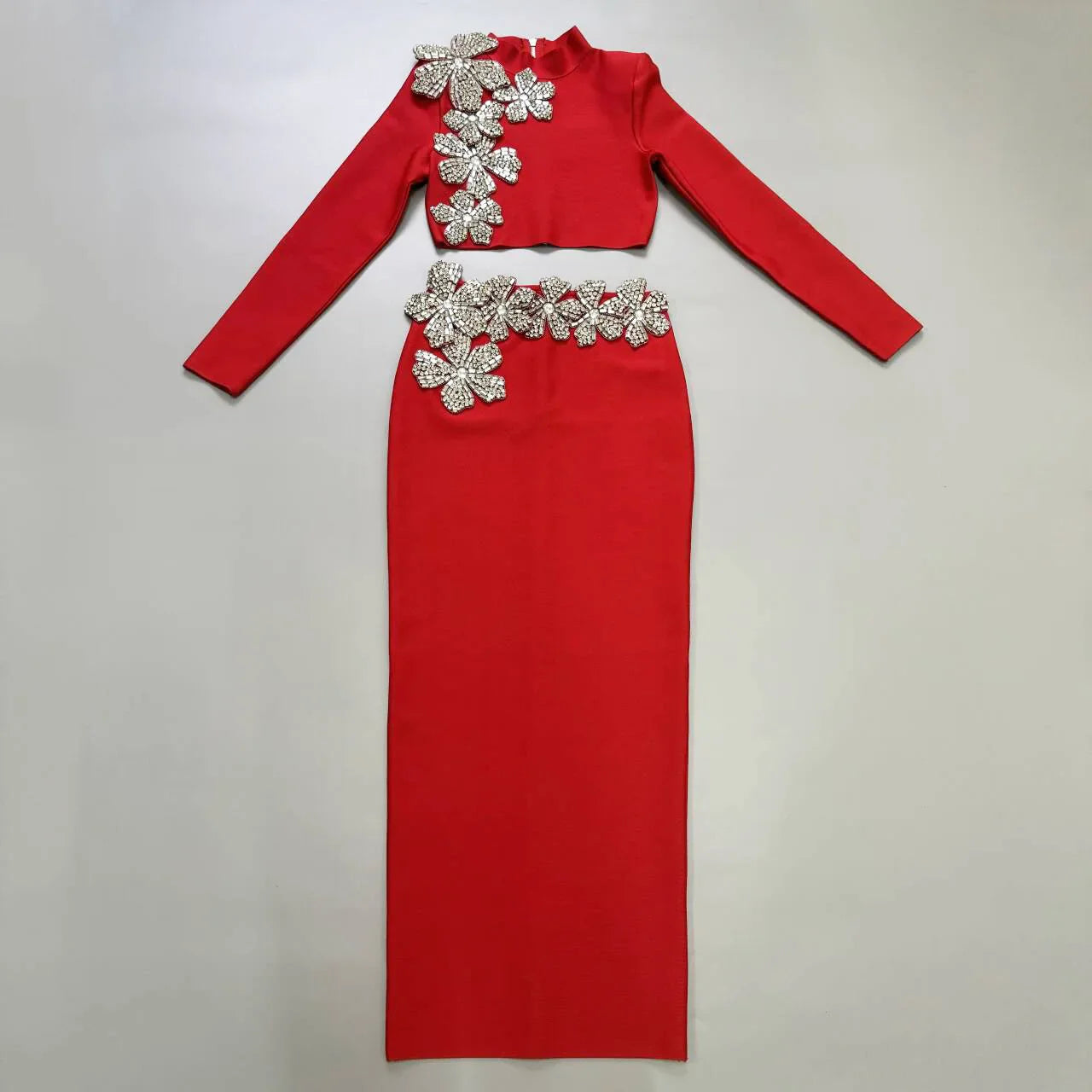 High Quality Women Long Sleeve Diamond Florals Bodycon 2 Pieces Mini Bandage Dress Celebrate Nightclub Party Birthday Dress Red