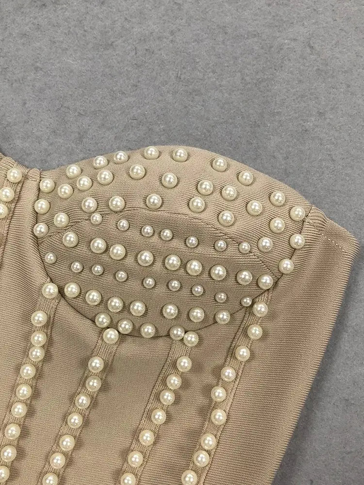 Ladies Luxury Bead Tassels Strapless Backless Design Celebrity Party Club Khaki Sleeveless Sexy Mini Bandage Dress New