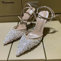 Luxury Pearls Sequined Air Mesh Women Pumps Summer Elegant Pointed toe Slingbacks Thin High heels Fashion Wedding Party Shoes