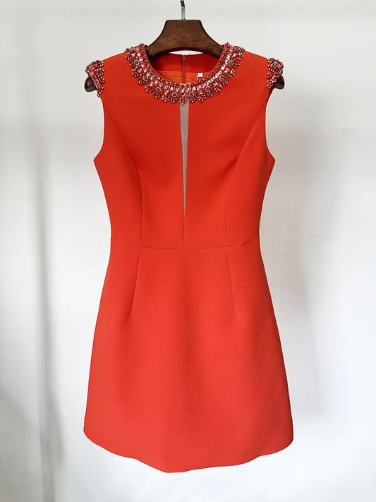 Spring Women Sleeveless O-Neck Straight Mini Dress Colorful Crystal Elegant Evening Party Fashion Outfit Vestido