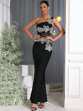 Sexy Women's Light Luxury Flower Set Diamond Design Bandage Dress One Shoulder Sleeveless Bodycon Patchwork Long Dresses