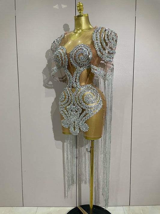Sparkly Rhinestones Sequins Sexy Mesh Tassels Cape Short Dress Women Evening Birthday Party Nightclub Stage Costume