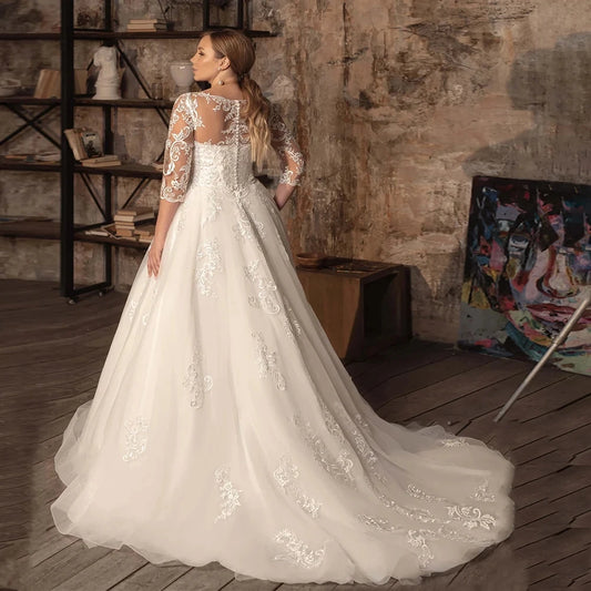 Prachtig een lijn Vestidos de novia v nek drie kwart mouwen trouwjurken Appliques Vestido de noiva