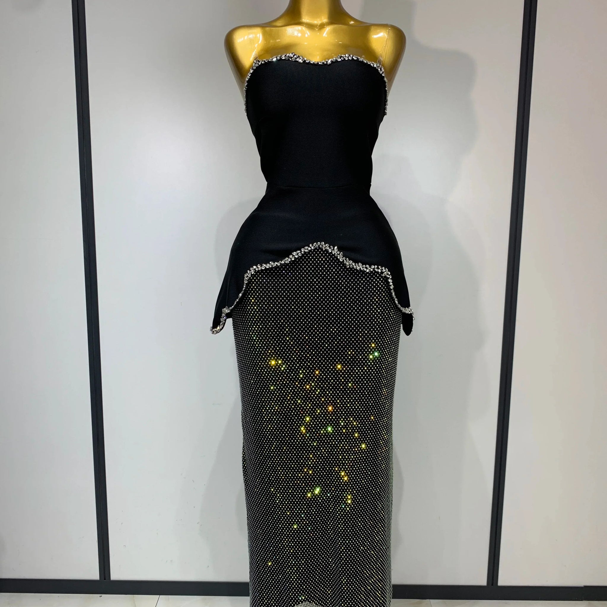 High Quality Black Design Sleeveless Rhinestone Top + Hot diamond Skirt Suit Evening Party Dress Nightclub Luxury Birthday Gown black