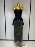 High Quality Black Design Sleeveless Rhinestone Top + Hot diamond Skirt Suit Evening Party Dress Nightclub Luxury Birthday Gown black