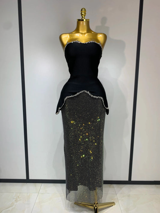 High Quality Black Design Sleeveless Rhinestone Top + Hot diamond Skirt Suit Evening Party Dress Nightclub Luxury Birthday Gown black