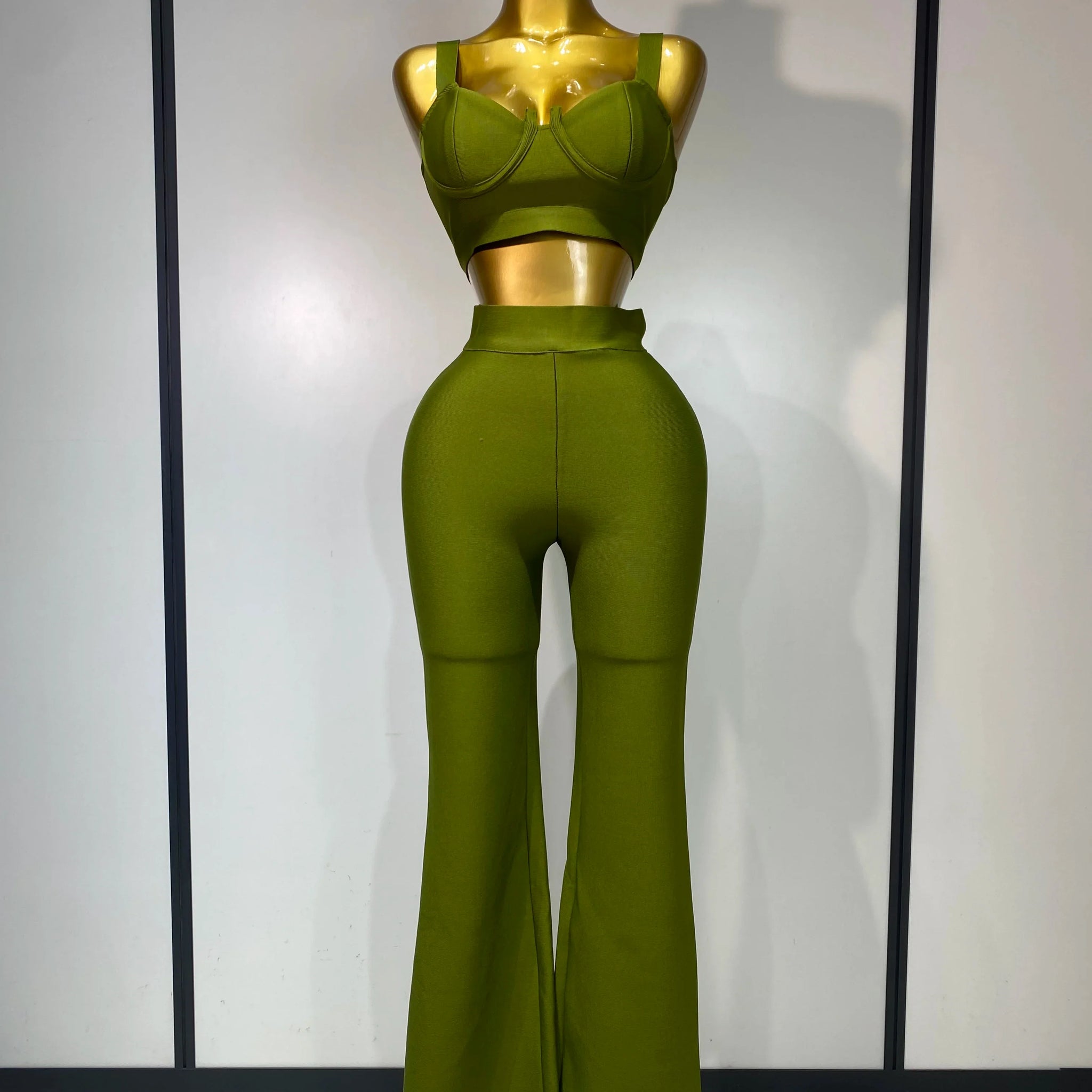 Women Sexy Bandage Crop Top Pant Set Evening Party Club Luxury Birthday High Street Fashion Elegant Luxury Birthday Outfit ﻿ army green