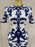 Sexy Short Sleeve Jacquard Blue Bandage Bodycon Long Dress Women Celebrity Elegant Evening Club Party Luxury Dresses