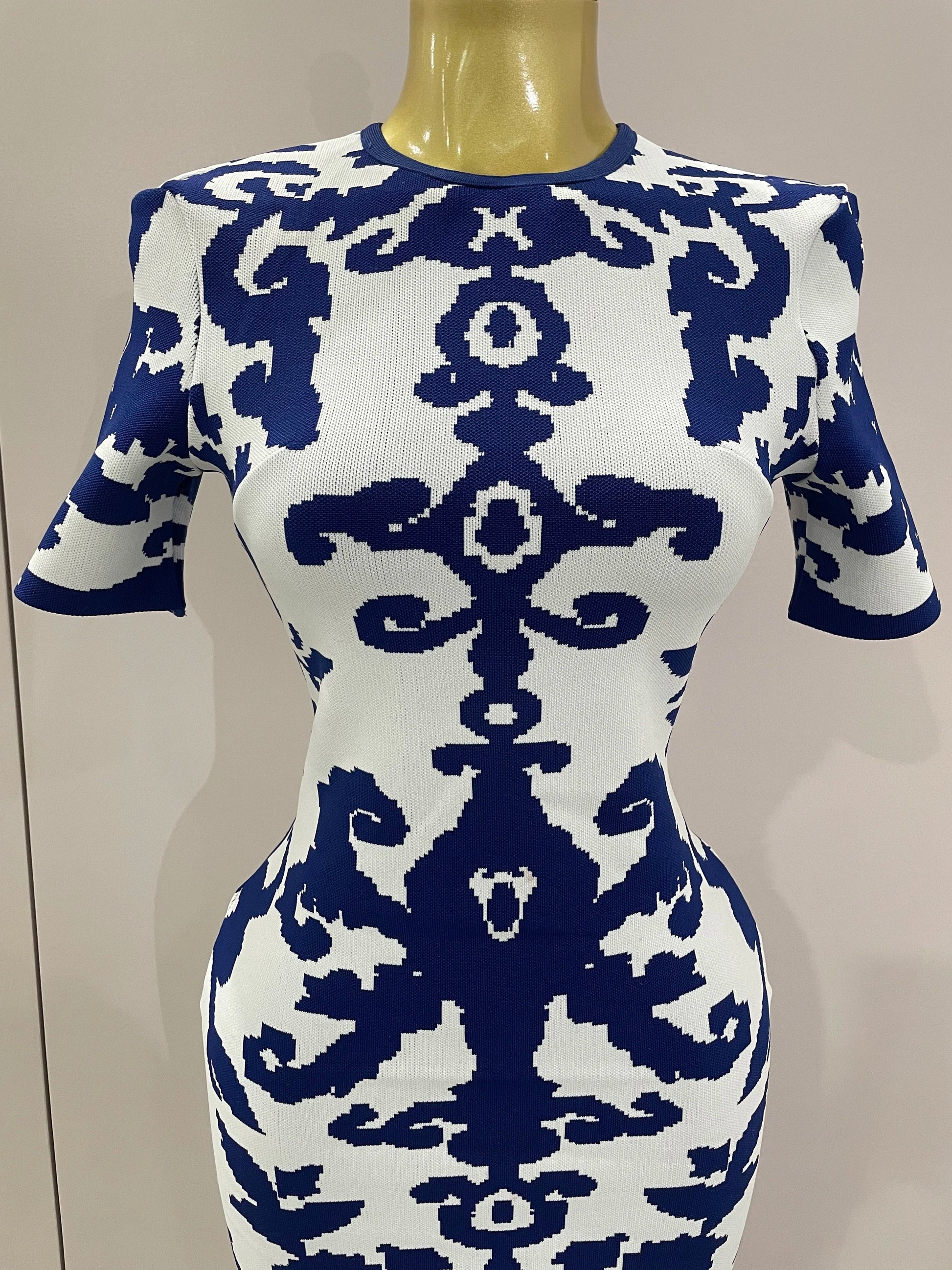 Sexy Short Sleeve Jacquard Blue Bandage Bodycon Long Dress Women Celebrity Elegant Evening Club Party Luxury Dresses