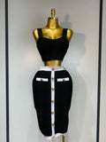 Women Button Patchwork White Black Bodycon Bandage Two Piece Set Designer High Waist Party Club Skirt Set black