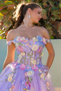 Spring Off Shoulder Ball Gown Vestido De Novia Flower Lace Evening Dress Baby Blue Corset Maxi Prom Dress PURPLE
