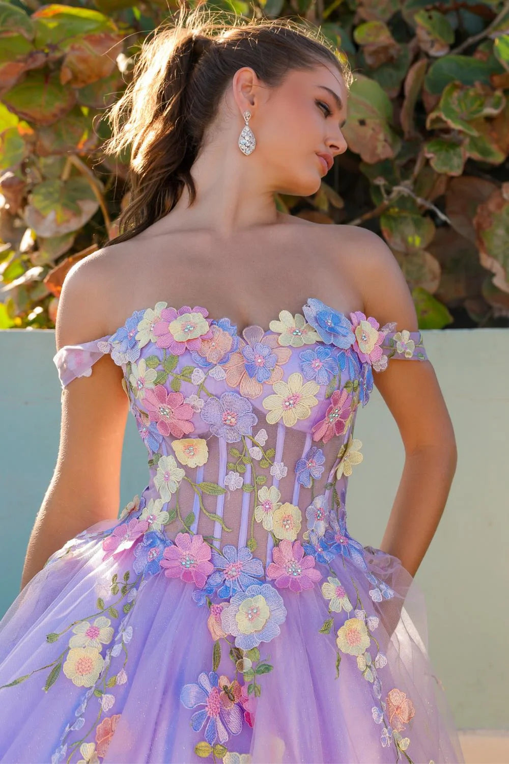 Spring Off Shoulder Ball Gown Vestido De Novia Flower Lace Evening Dress Baby Blue Corset Maxi Prom Dress PURPLE